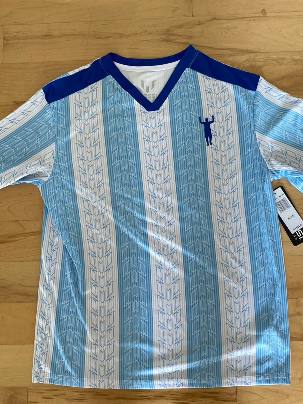Men's Light Blue & White Striped V-Neck Jersey with Royal Blue Trim